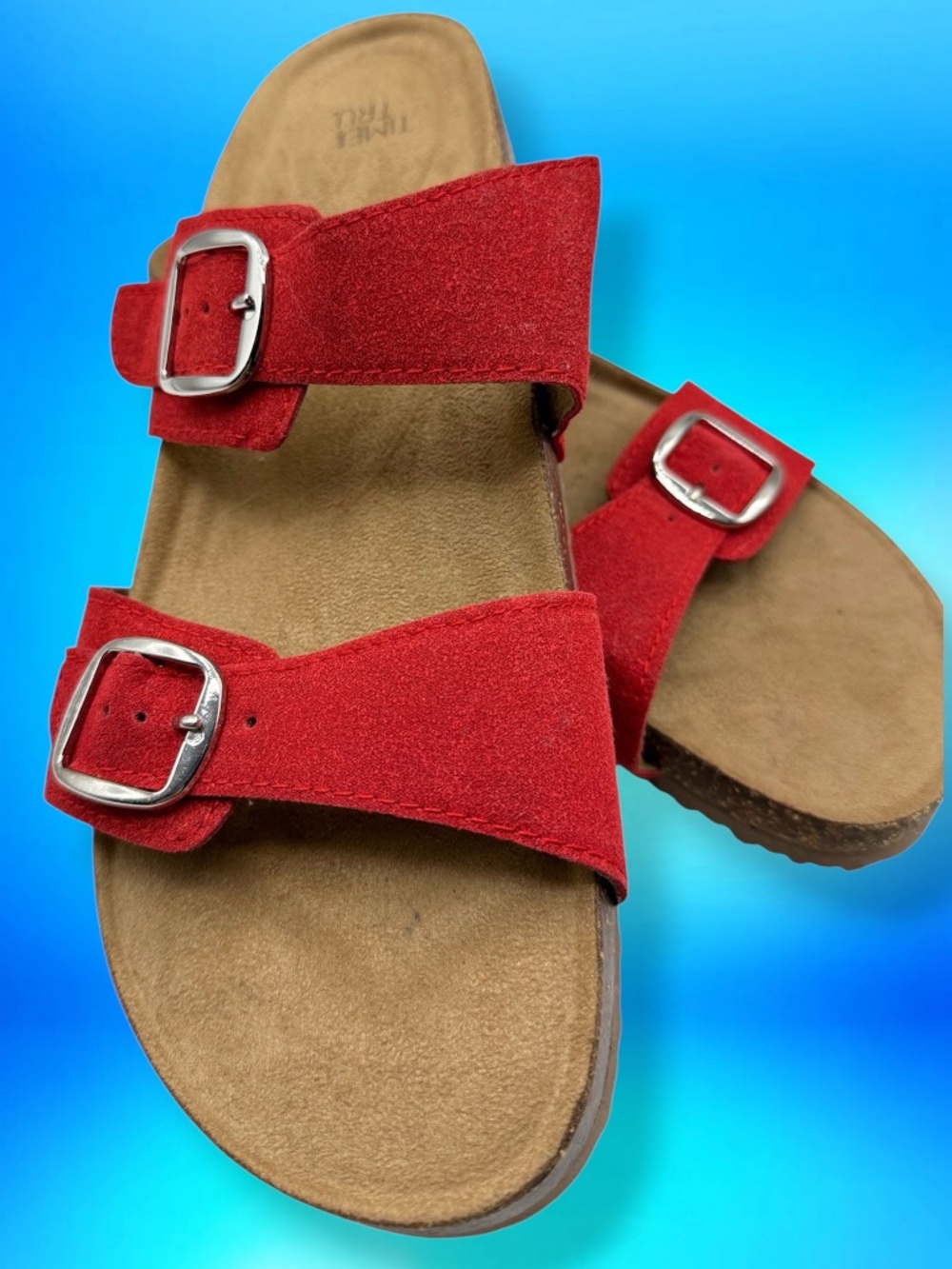 Time And Tru Red Suede Leather Double Buckle Cork Midsole Beachy Birk Sandals